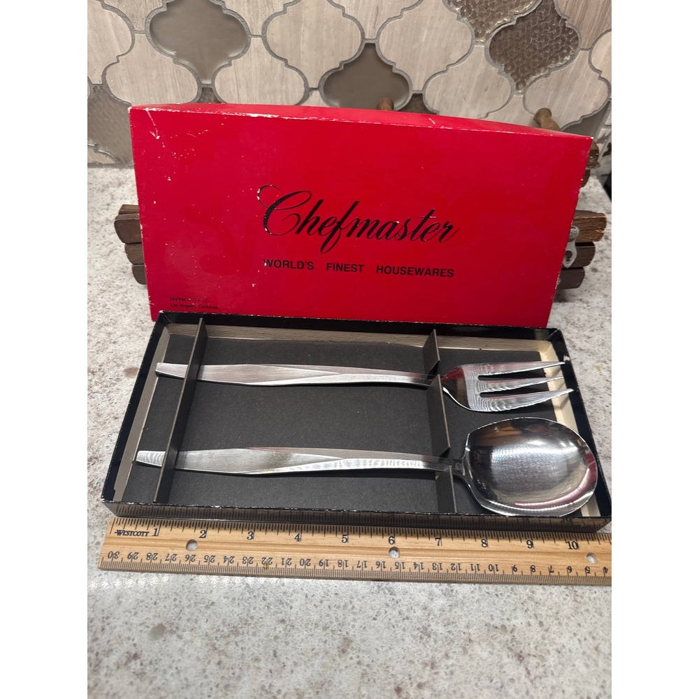 Vintage Chefmaster Stainless Steel Salad Serving Set Fork Spoon MCM Original Box